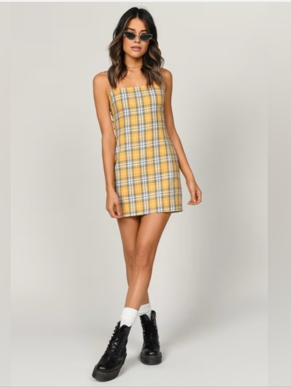 Urban Outfitters Dress Plaid Square Neck Sheath Mini Dress Yellow Grunge Small